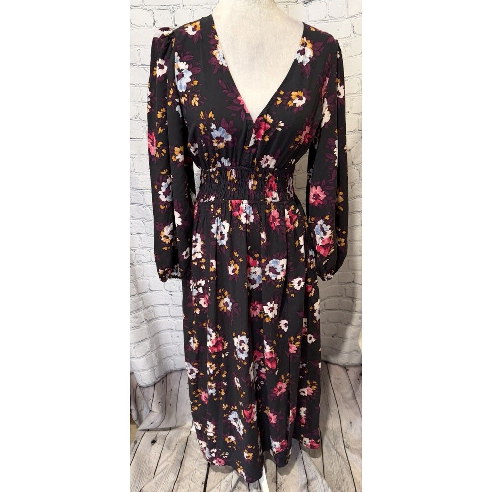 Gap Smocked Black & Pink FLoral V-Neck Maxi Dress with Slit Size Small